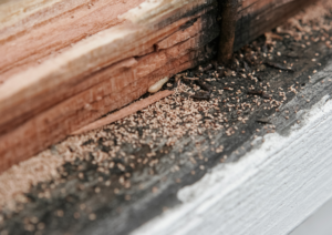 Termite queen among fecal droppings and damage